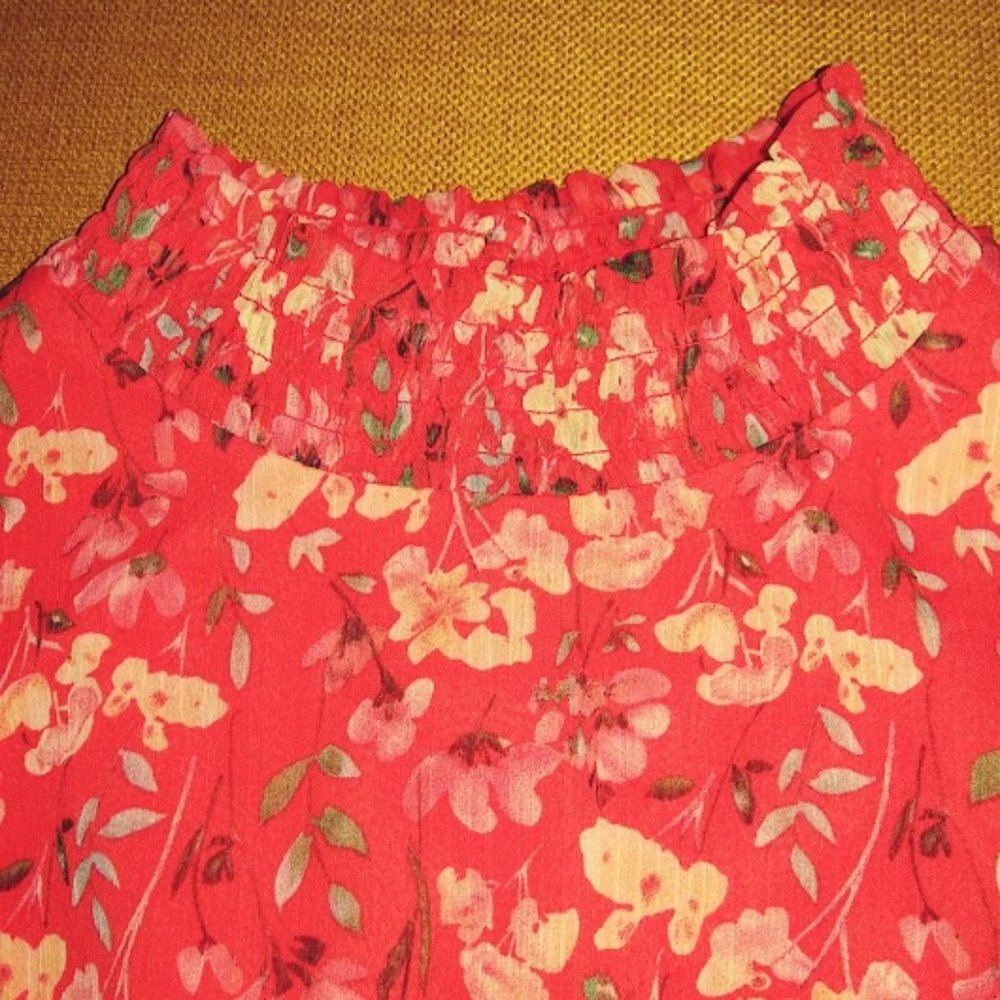 Sam Edelman Orange Coral Floral Sleeveless Smocked Handkerchief Hem dress Sz L - Picture 8 of 15
